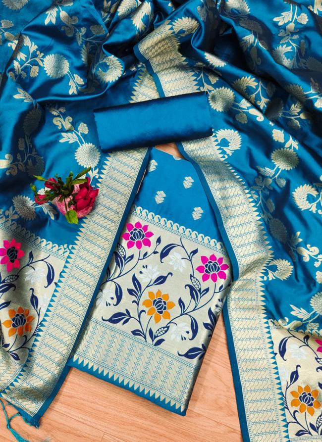 Banarasi Silk Blue Festival Wear Weaving Dress Material